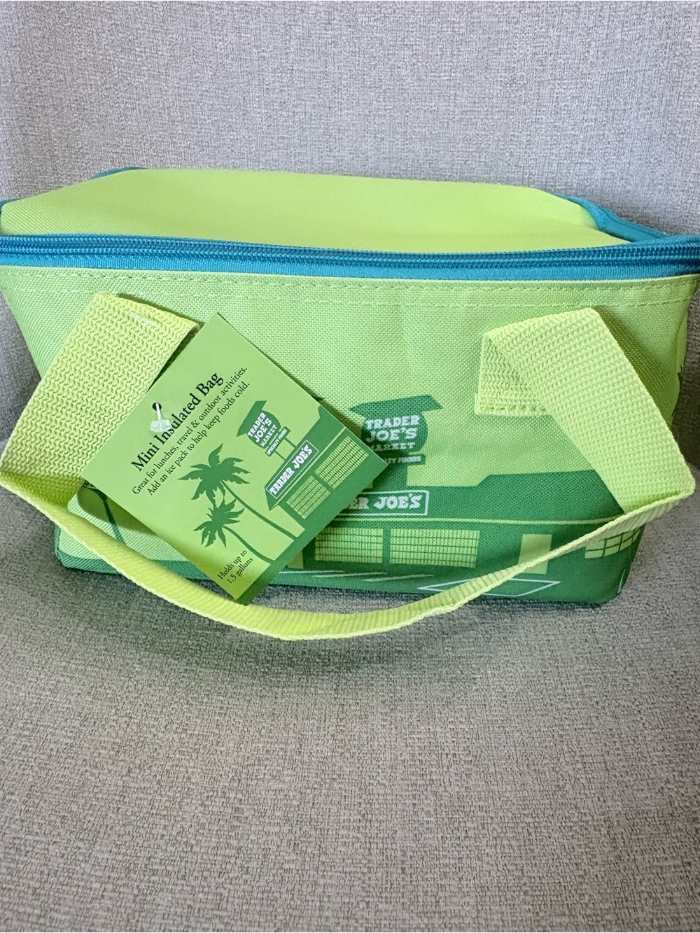 Trader Joe's Lime Green Mini Insulated Tote Bag with Teal Zipper